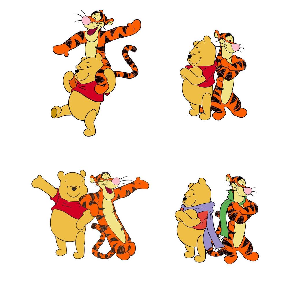 disney animerad karaktär uppsättning pooh och tiger tecknad serie vektor