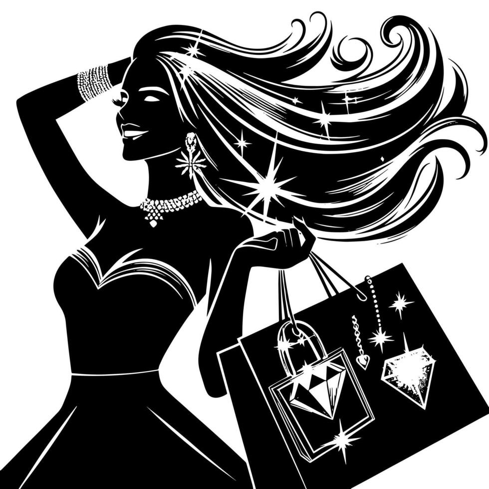 schwarz und Weiß Illustration von ein Glücklich luxuriös Einkaufen Dame mit Taschen und Diamanten und Parfum vektor