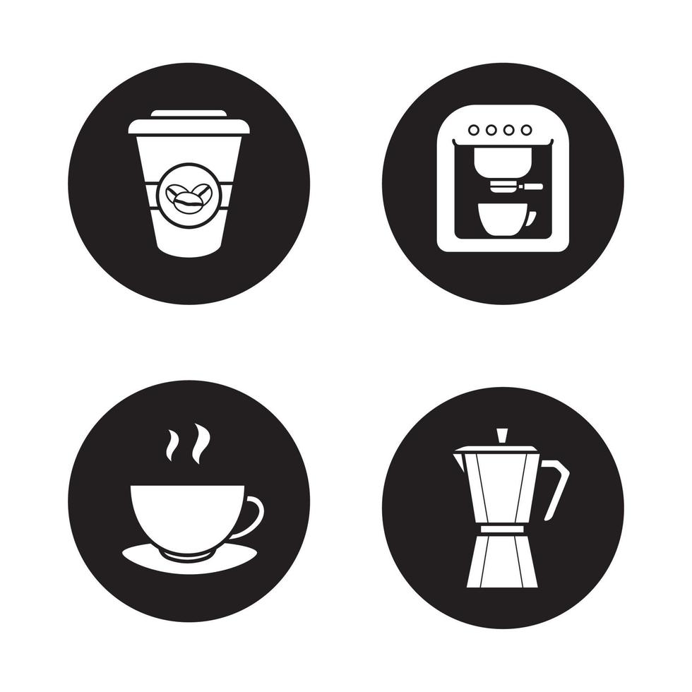 Kaffeesymbole gesetzt. Espressomaschine, klassische Kaffeemaschine, dampfender Becher auf Teller, Einweg-Pappbecher. weiße Vektorgrafiken in schwarzen Kreisen vektor
