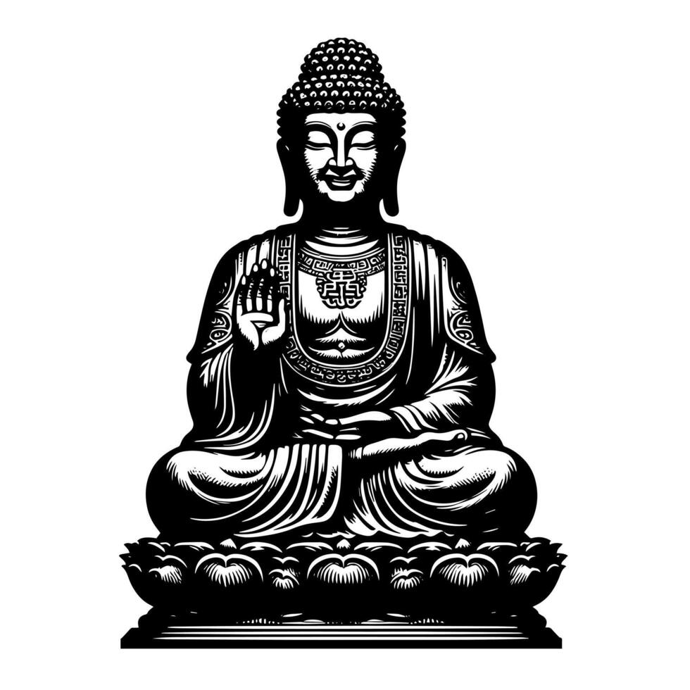 svart och vit illustration av en buddha staty symbol vektor