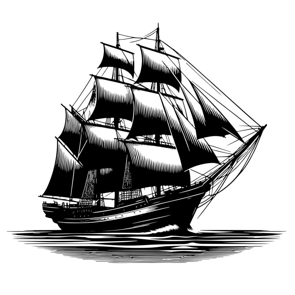 schwarz und Weiß Illustration von ein traditionell alt Segeln Schiff vektor