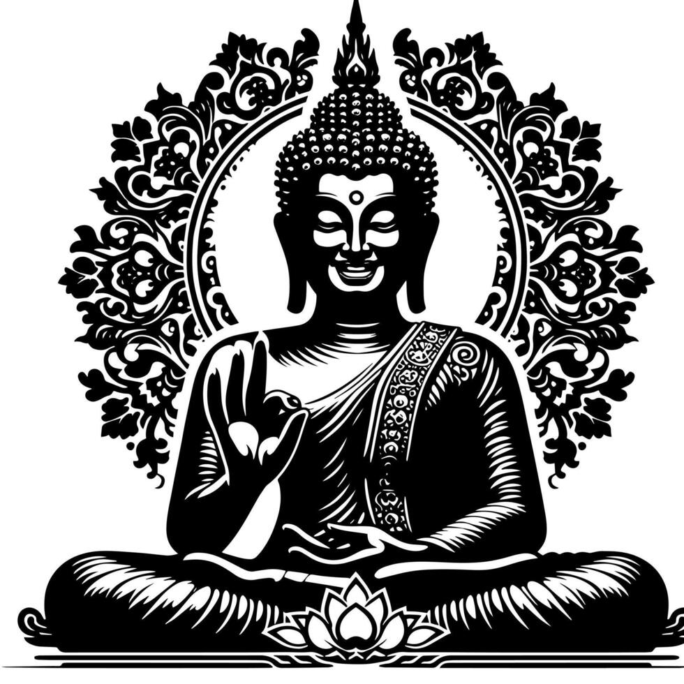 svart och vit illustration av en buddha staty symbol vektor