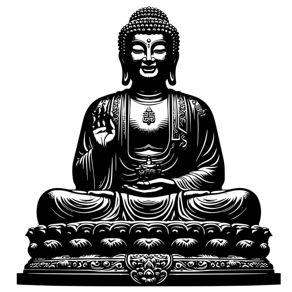 svart och vit illustration av en buddha staty symbol vektor