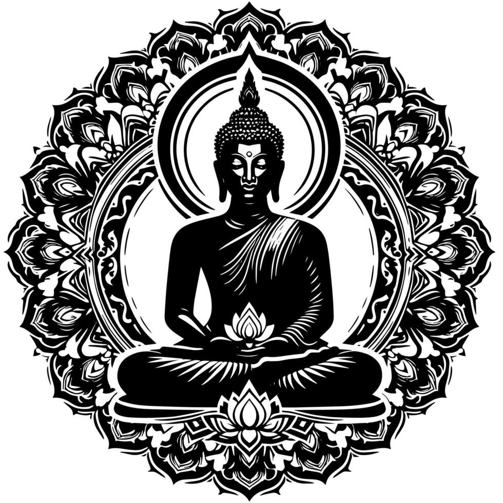 svart och vit illustration av en buddha staty symbol vektor