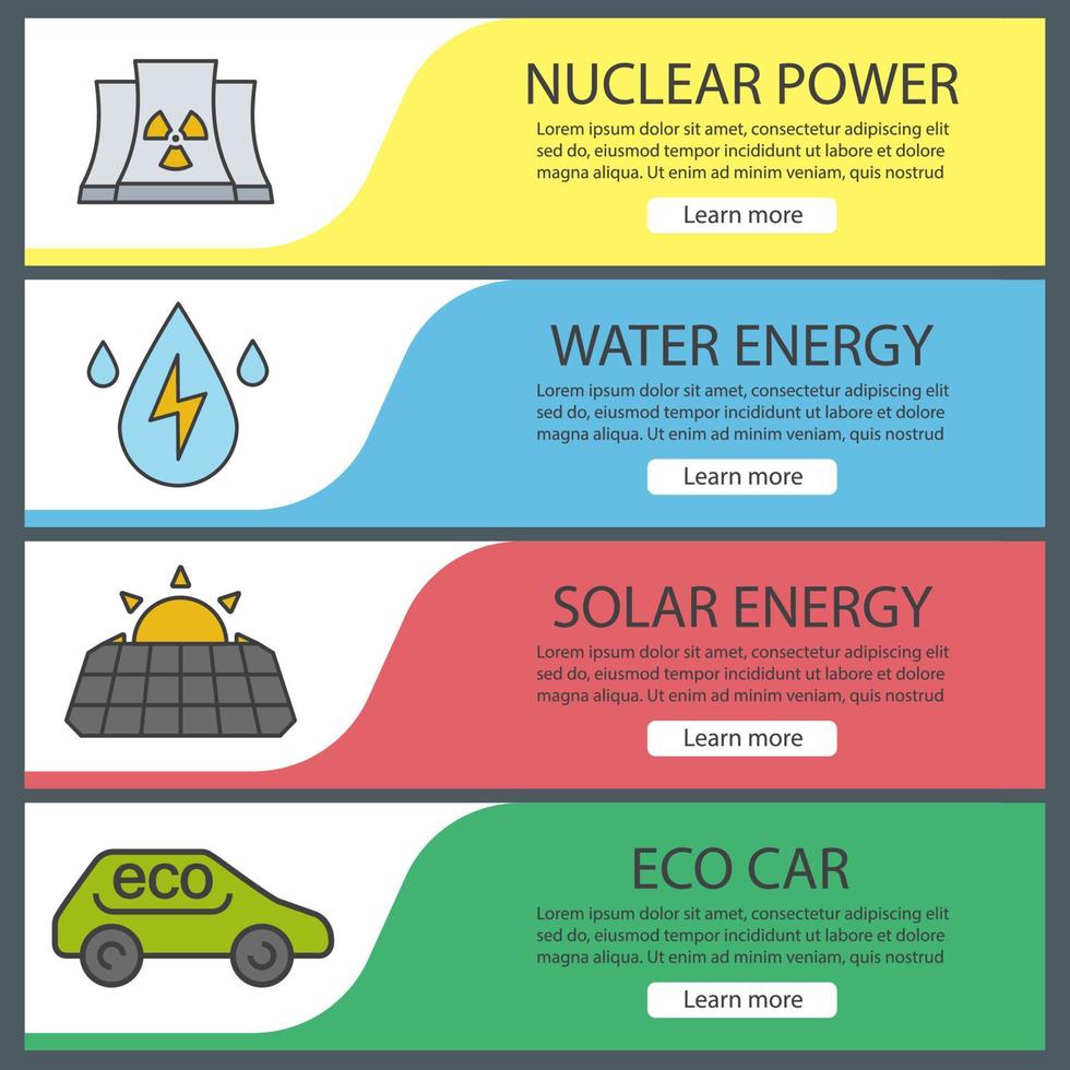 miljöföroreningar banner mallar set. lätt att redigera. kärnkraftverk, vattenenergi, solpanel, ekobil. menyalternativ på webbplatsen. färg webb banner. vektor headers designkoncept