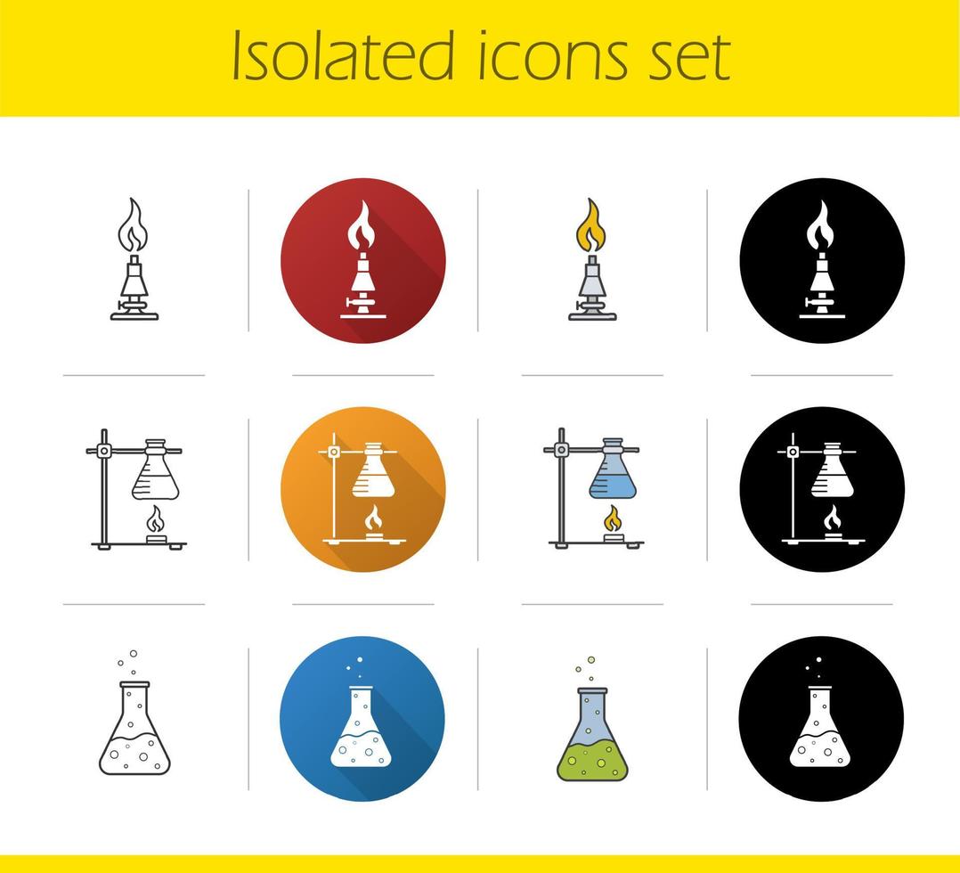 Ikonen der chemischen Laborausrüstung der Schule eingestellt. flaches Design, lineare, schwarze und farbige Stile. Ringständer mit Kolben, chemische Reaktion, Laborbrenner. isolierte vektorillustrationen vektor