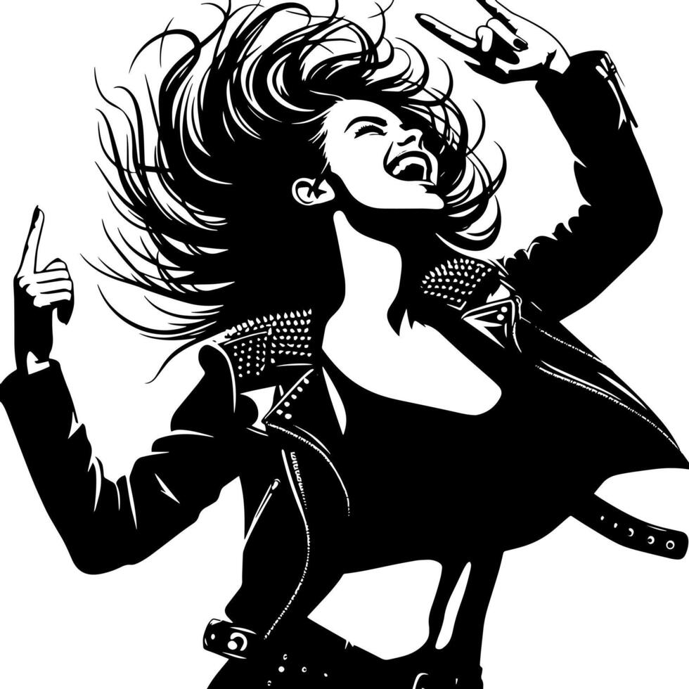 svart och vit illustration av en punk- kvinna är dans och skakning i en framgångsrik utgör vektor