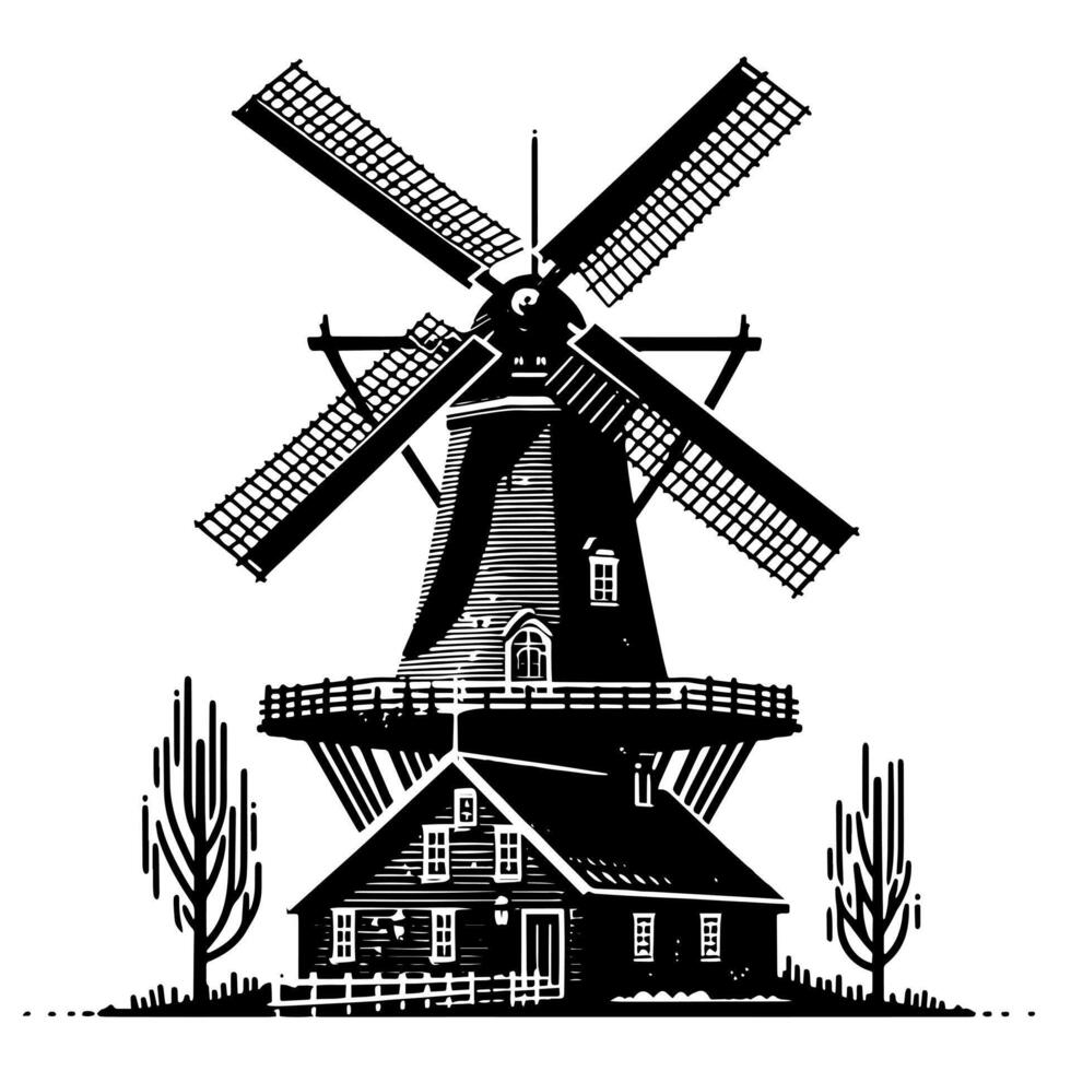 schwarz und Weiß Illustration von ein traditionell alt Windmühle im Holland vektor