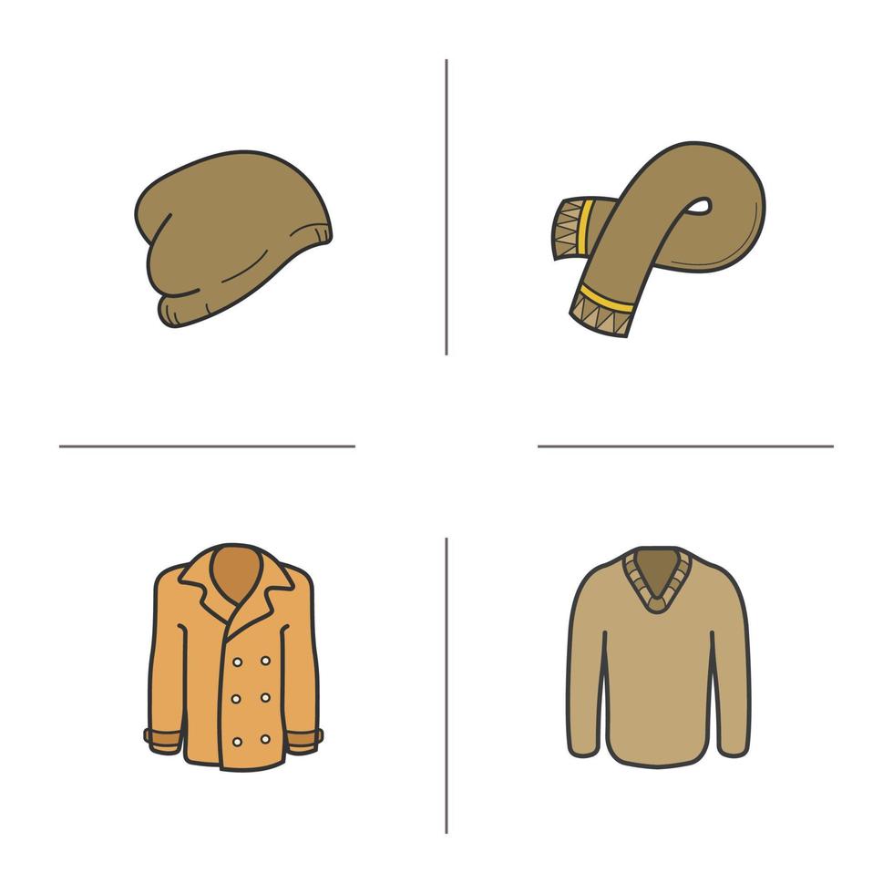 Winterkleidung Farbsymbole gesetzt. Mütze, Schal, Pullover, Mantel. Pullover und Jacke. isolierte vektorillustrationen vektor