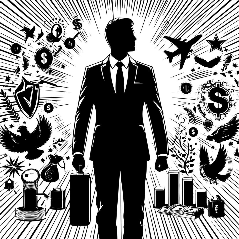 schwarz und Weiß Illustration von ein erfolgreich Geschäft Mann mit Geld Autos und Luxus vektor