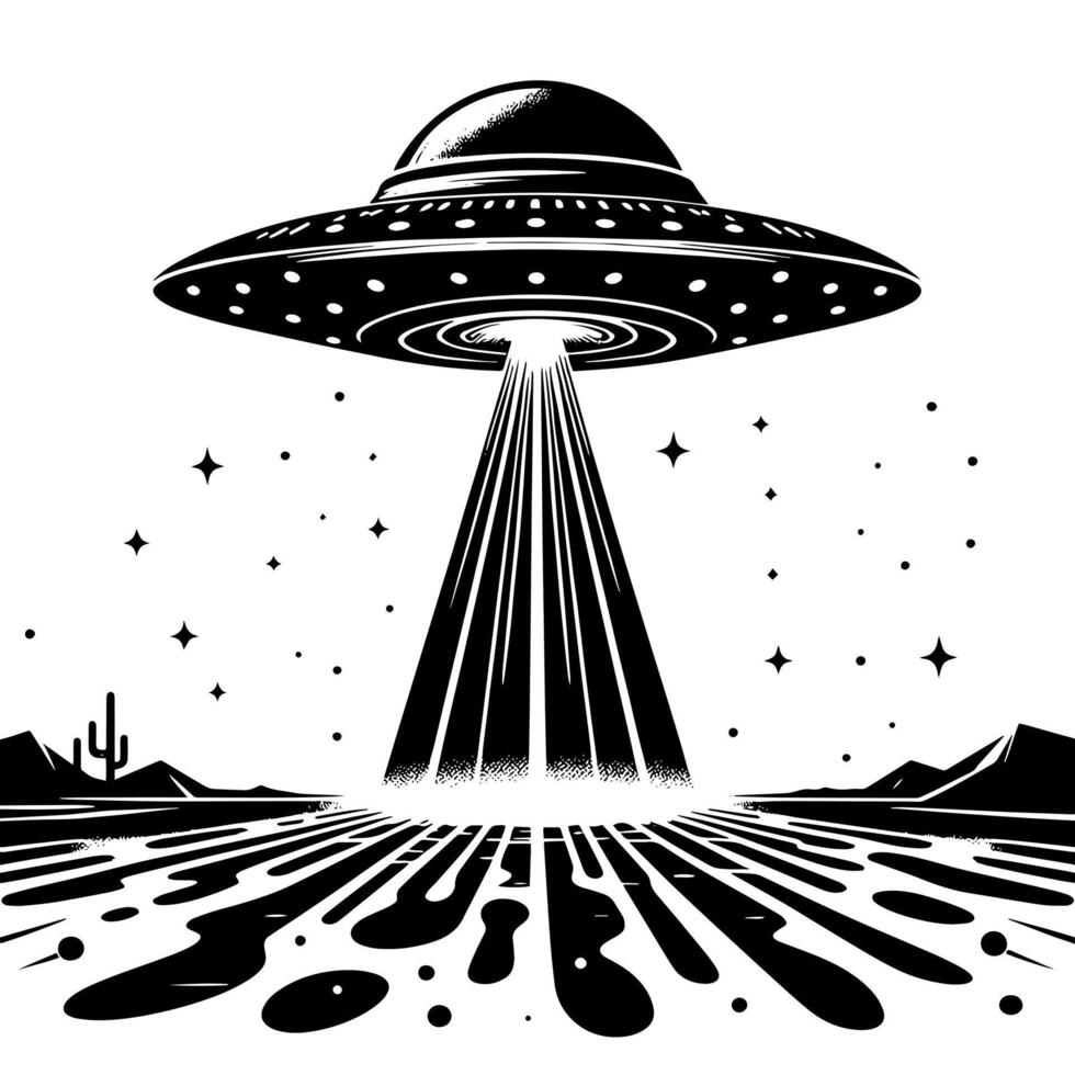 svart och vit illustration av ett UFO flygande fat vektor