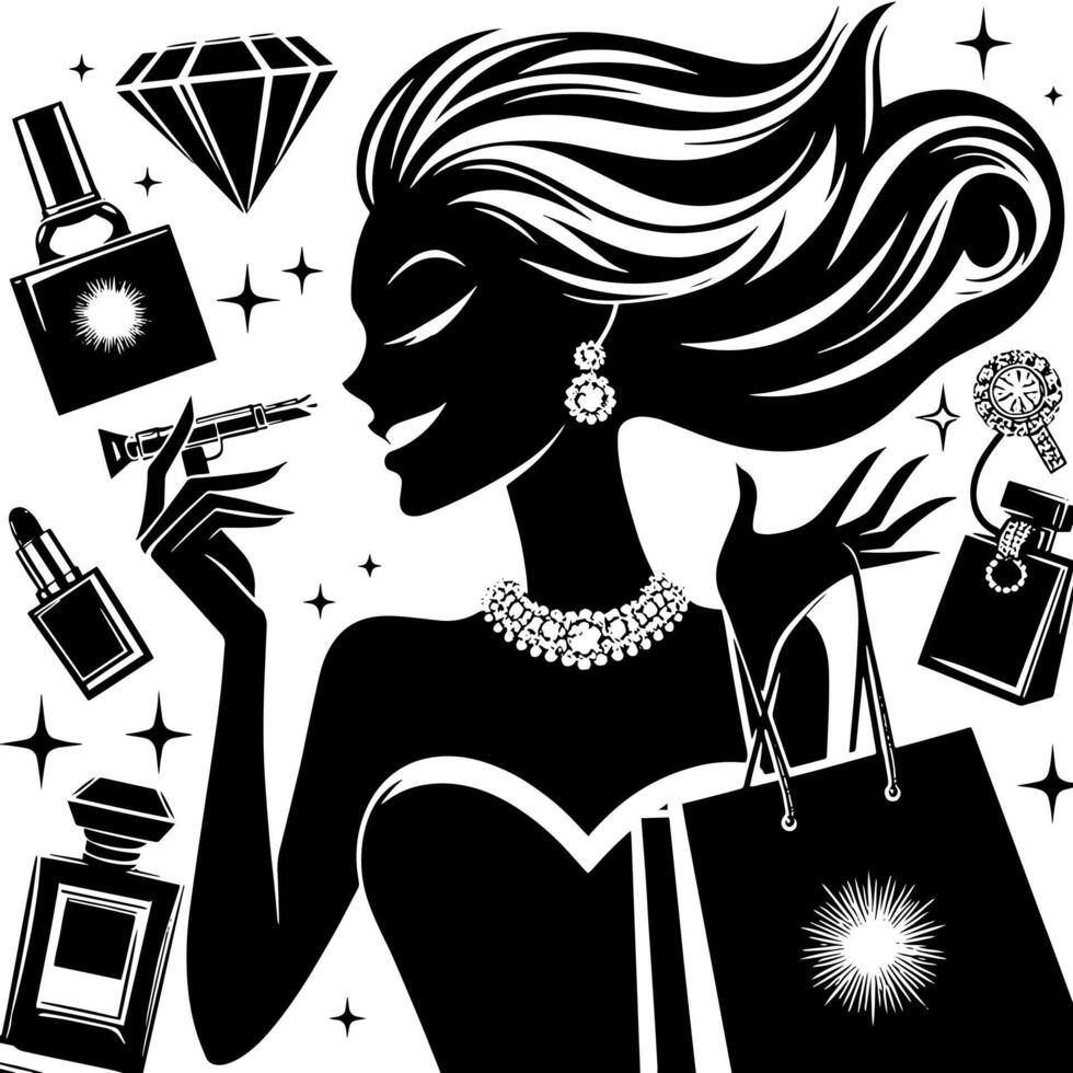 schwarz und Weiß Illustration von ein Glücklich luxuriös Einkaufen Dame mit Taschen und Diamanten und Parfum vektor