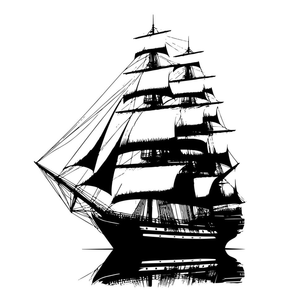 schwarz und Weiß Illustration von ein traditionell alt Segeln Schiff vektor