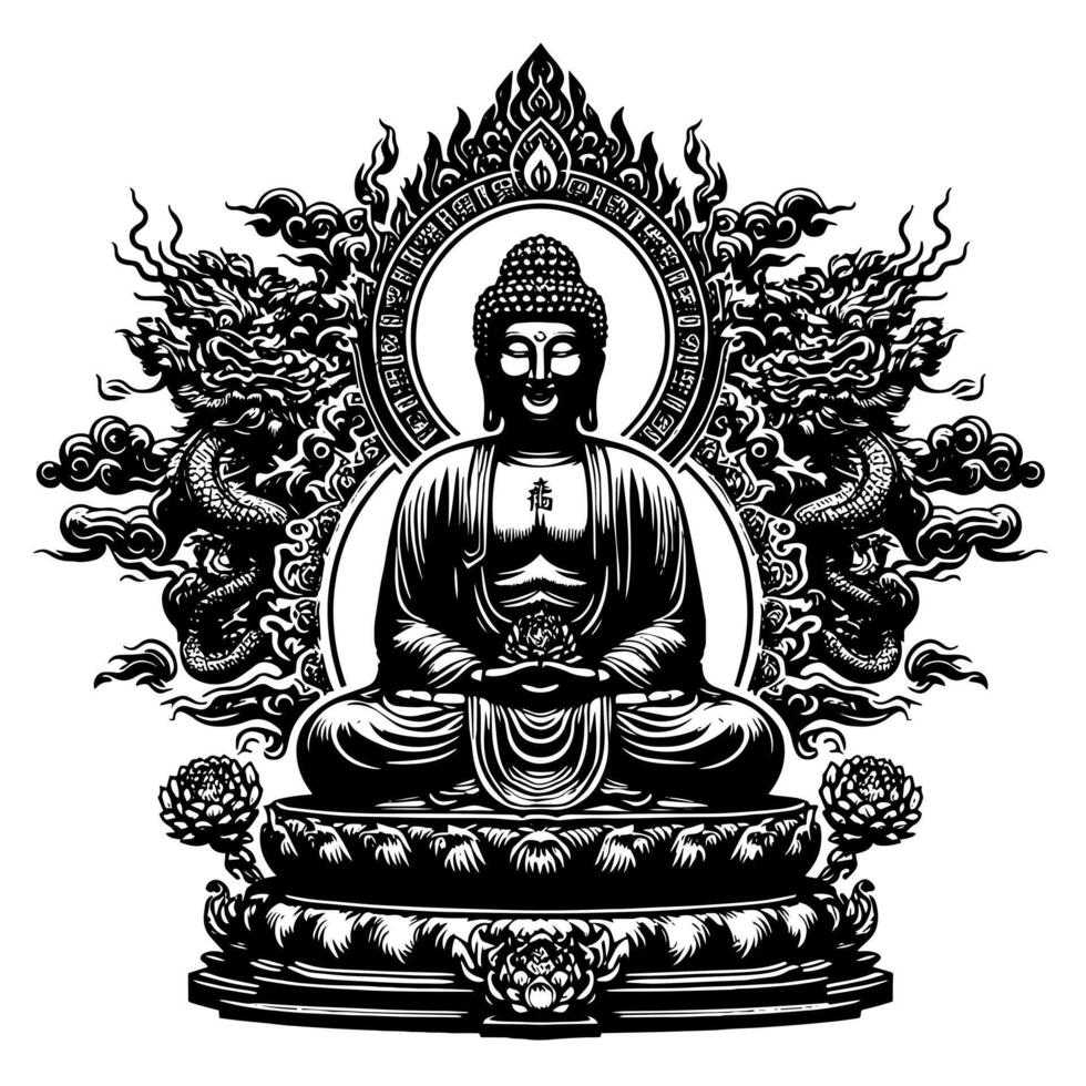 svart och vit illustration av en buddha staty symbol vektor