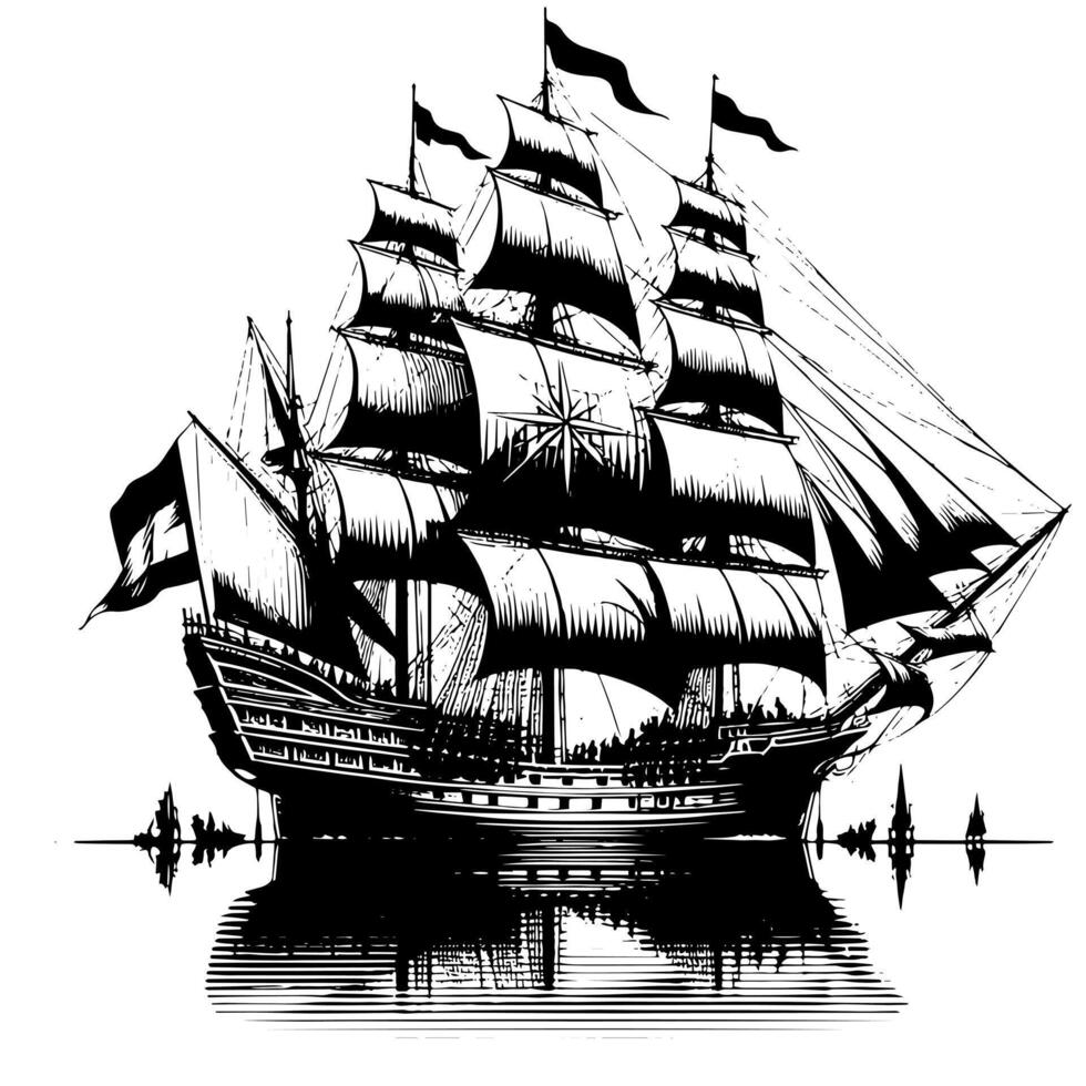 svart och vit illustration av en traditionell gammal segling fartyg vektor