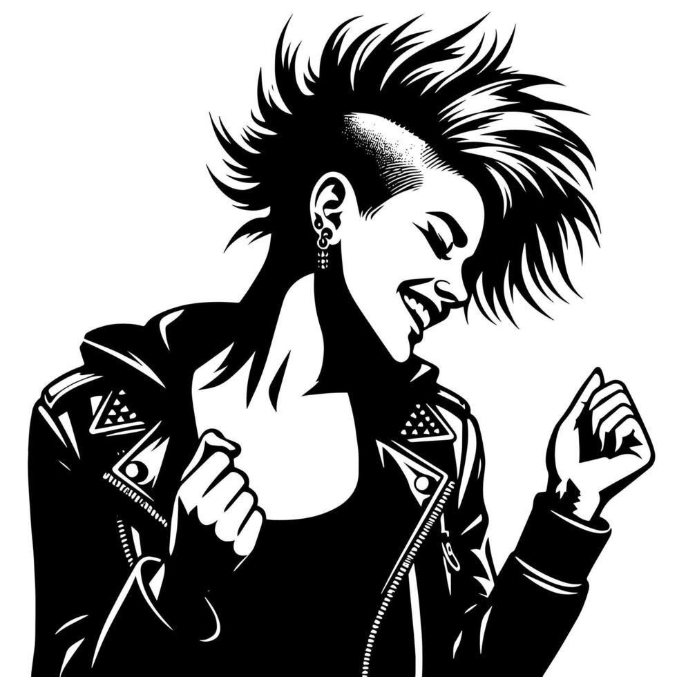 schwarz und Weiß Illustration von ein Punk Frau ist Tanzen und zittern im ein erfolgreich Pose vektor