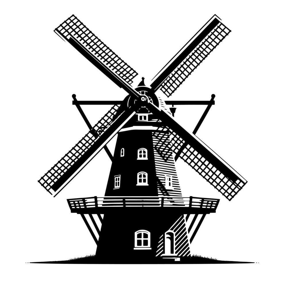 schwarz und Weiß Illustration von ein traditionell alt Windmühle im Holland vektor