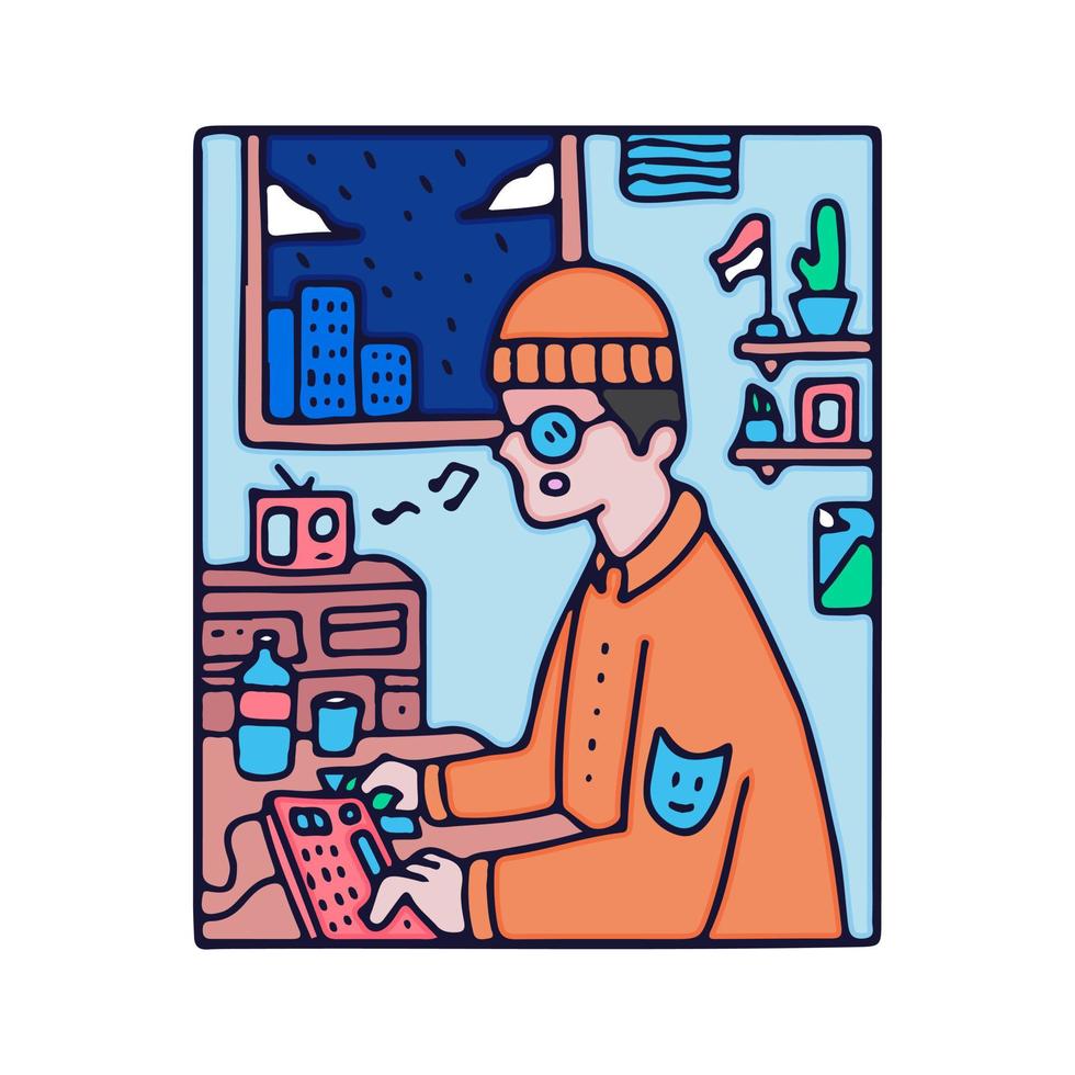 Hype Freelancer in Mütze Hut Arbeit im Raum. Cartoon für T-Shirt. vektor