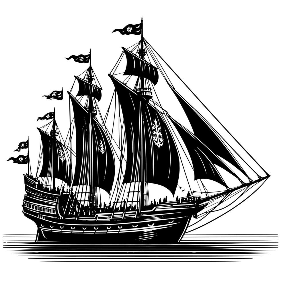 schwarz und Weiß Illustration von ein traditionell alt Segeln Schiff vektor