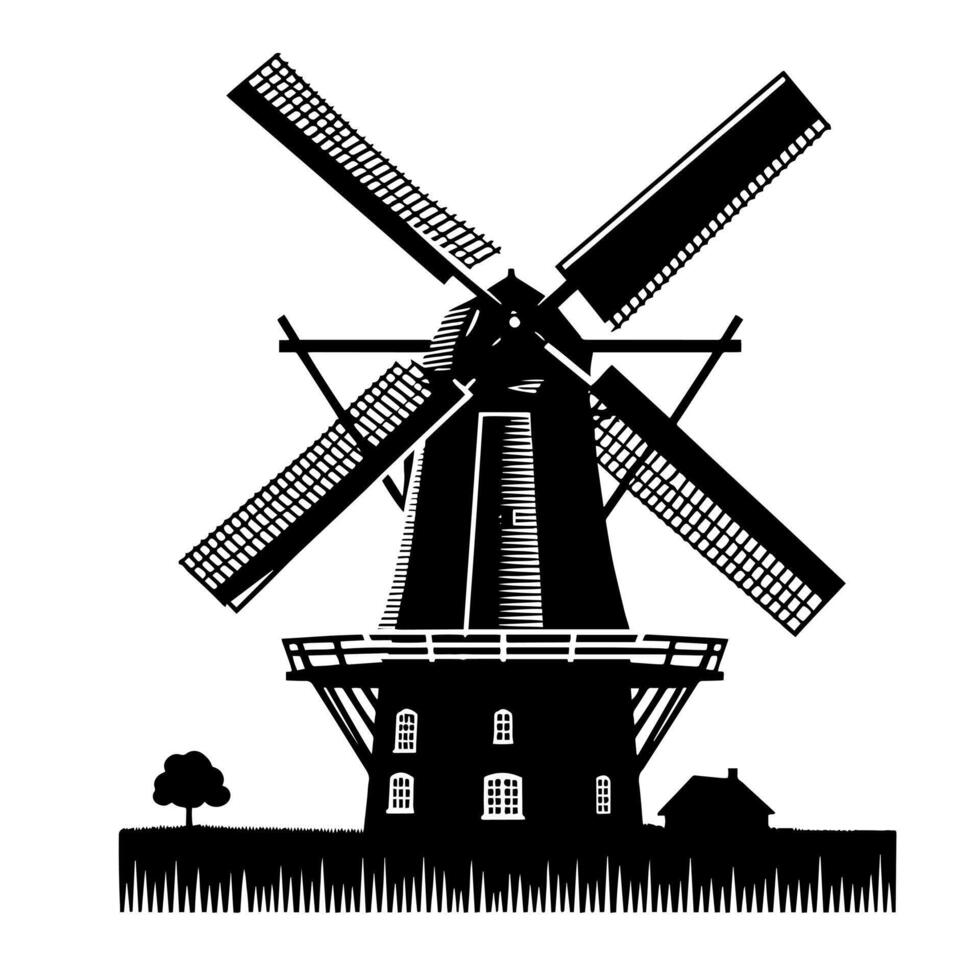 schwarz und Weiß Illustration von ein traditionell alt Windmühle im Holland vektor