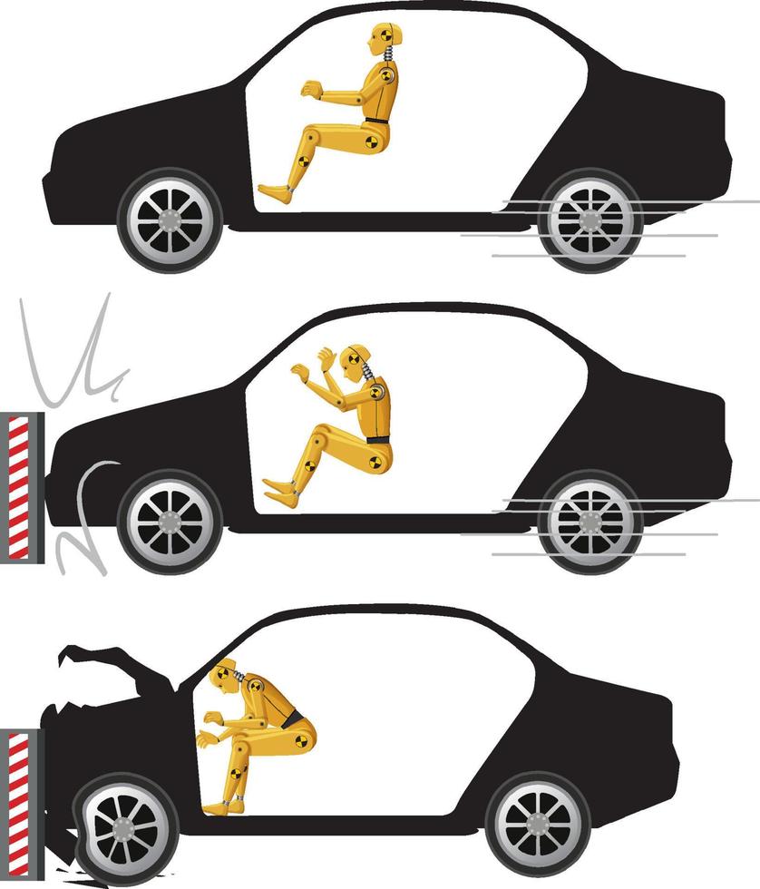 Crashtest-Dummy mit kaputtem Auto vektor