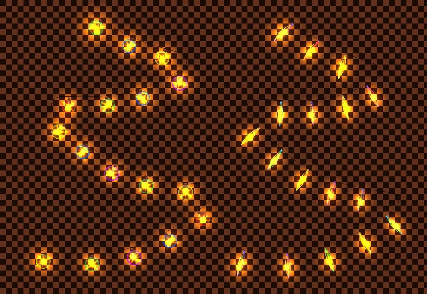 Eine Reihe von Weihnachtsgirlanden mit leuchtenden LED-Leuchten für den Weihnachtsbaum. auf einem transparenten Hintergrund, Vektorillustration. vektor