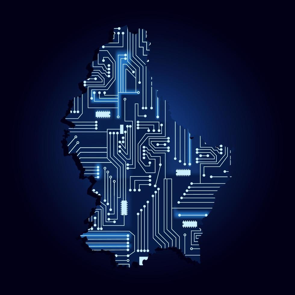 konturkarta över luxembourg med en teknisk elektronikkrets. vektor