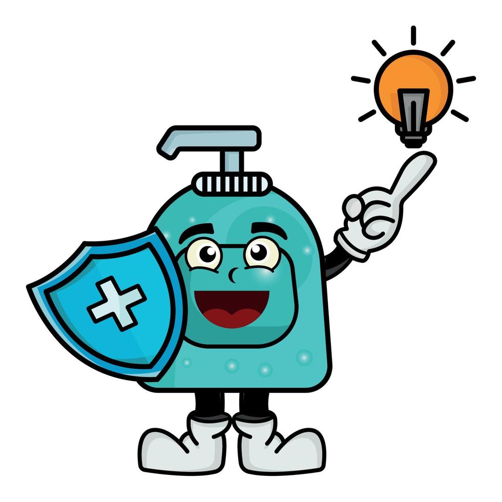 Illustration Seifenflasche Maskottchen Cartoon-Figur mit Schild und Lampe. Abbildung flachen Stil. geeignet für die Förderung von Seifenprodukten, Gesundheit, Händewaschen, Druckdesign usw. Designvektor vektor