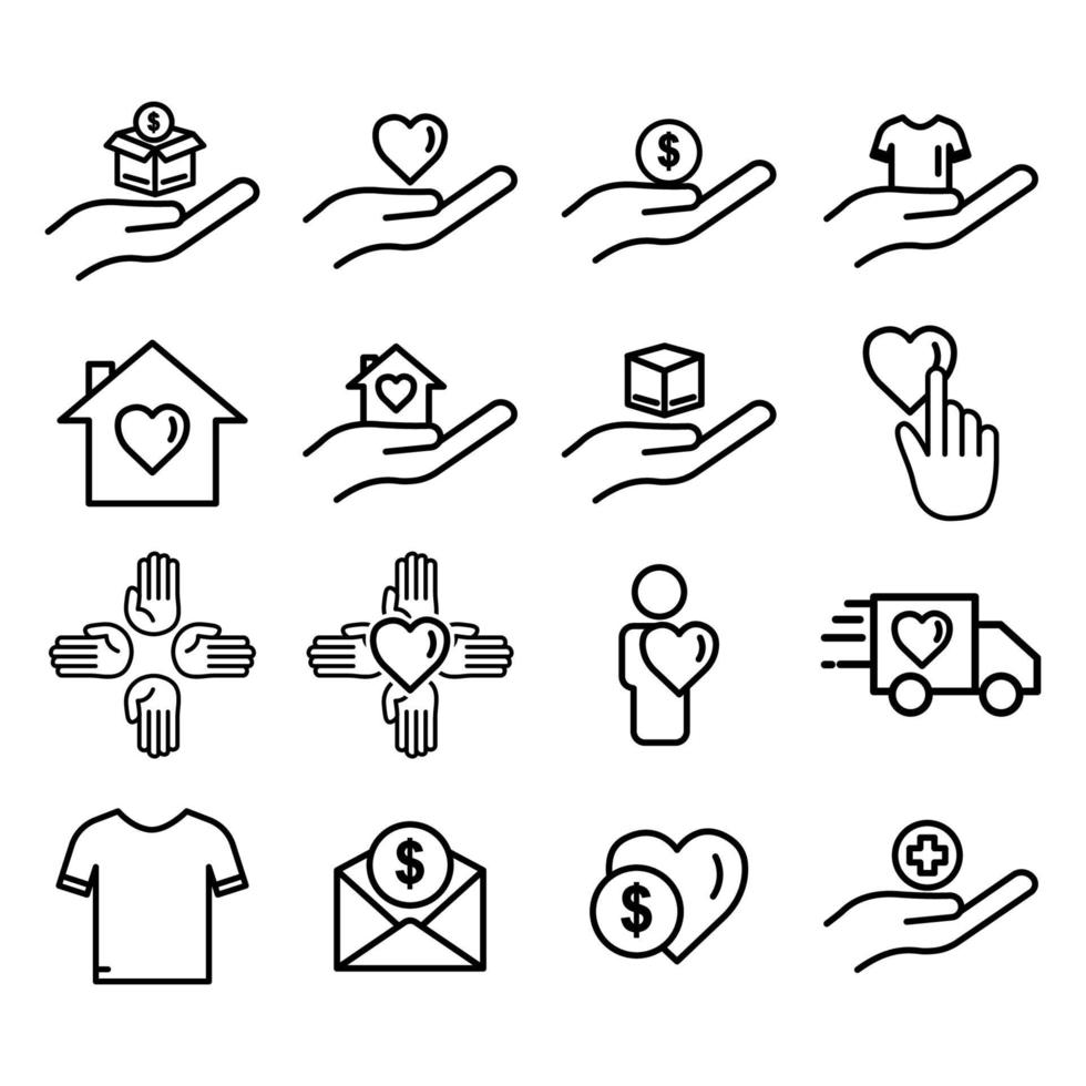 Nächstenliebe-Linie-Icon-Set. Wohltätigkeitssymbol, Spende, Menschlichkeit. editierbarer Strich. Designvorlage Vektor