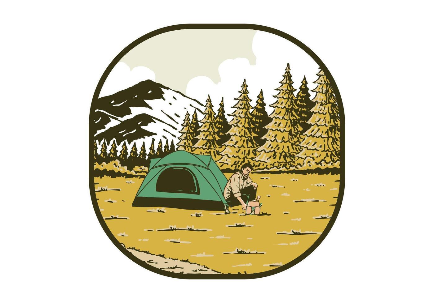 camping ensam i natur. årgång utomhus- illustration bricka design vektor