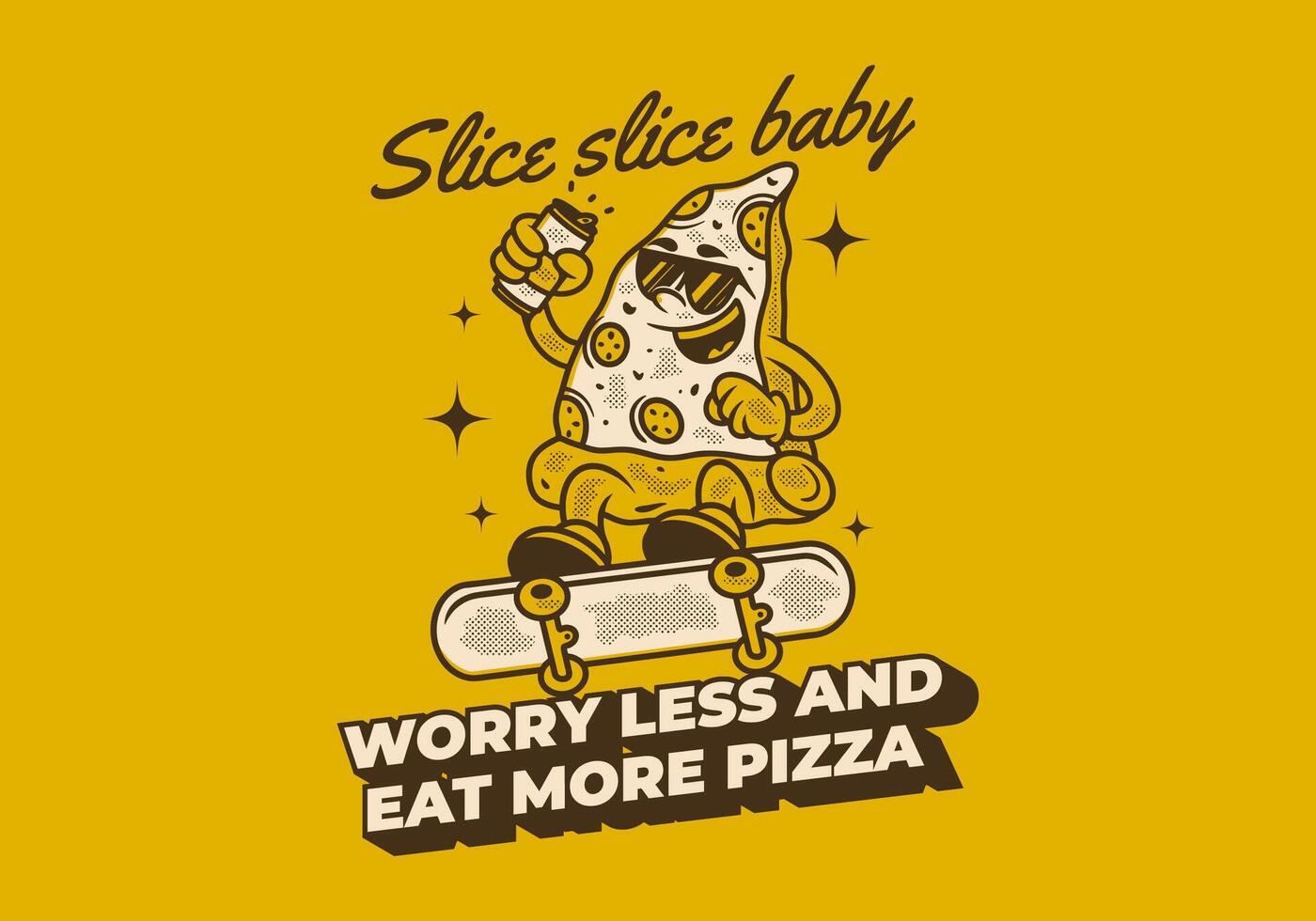 oroa mindre och äta Mer pizza. retro illustration av pizza karaktär Hoppar på skateboard vektor