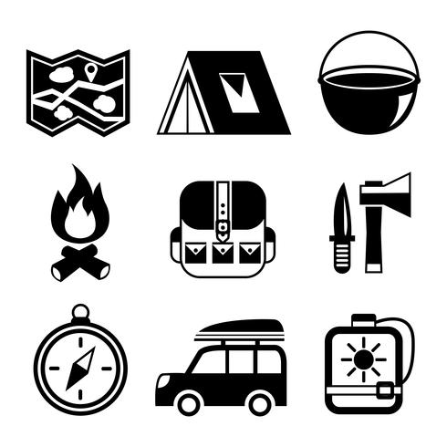 Utomhus turism camping platt pictograms set vektor