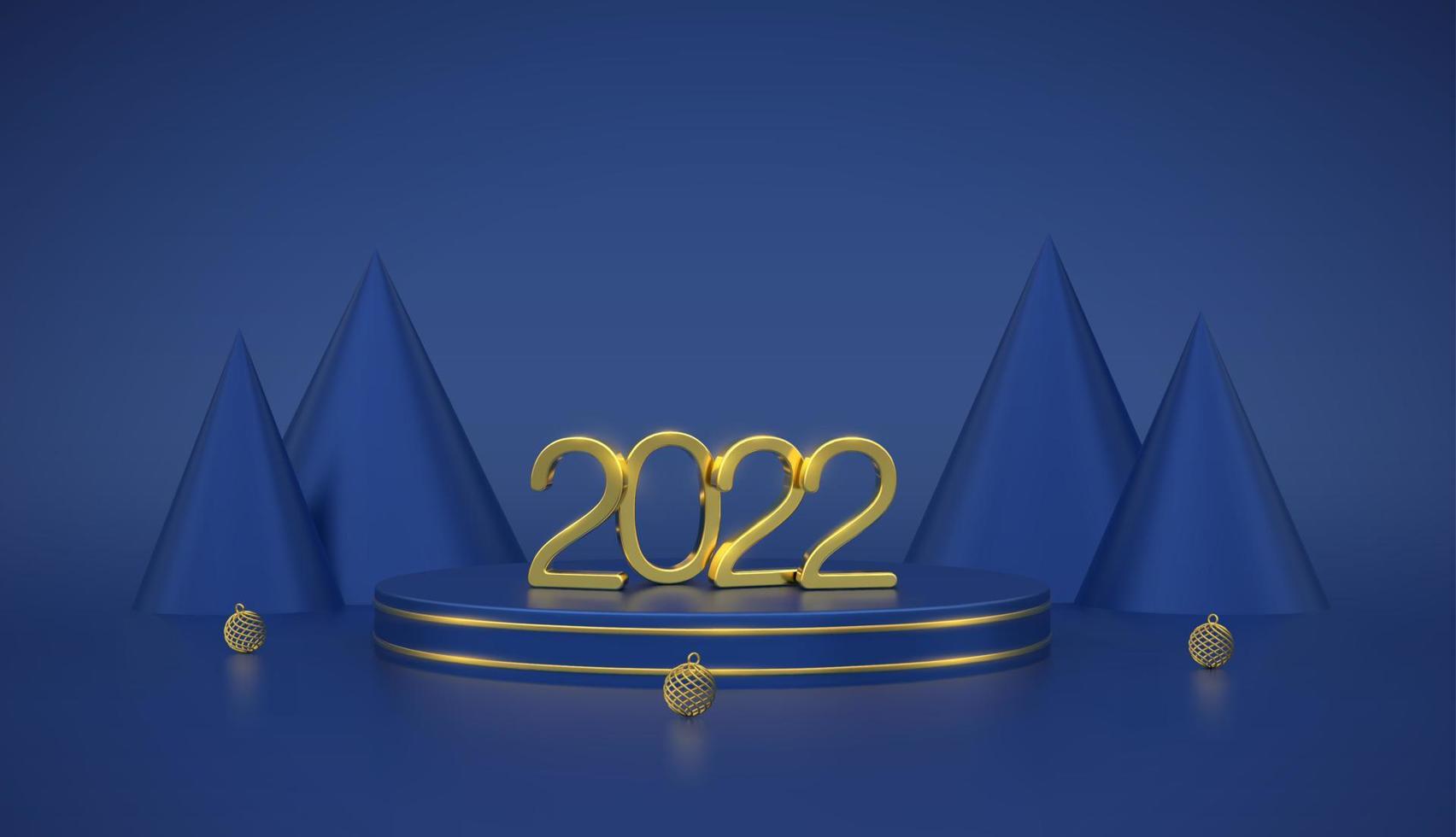 Frohes neues 2022 Jahr. 3d goldene metallische Zahlen 2022 auf blauem Bühnenpodium. Szene, 3D-Rundplattform mit Kugeln und Kegelform Kiefern oder Fichten auf blauem Hintergrund. Banner, Urlaubsvorlage. Vektor. vektor