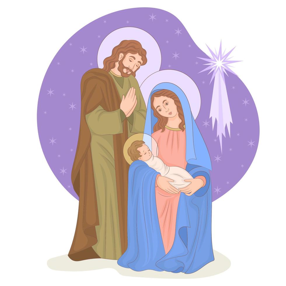 julkrubba med baby jesus, mary och joseph och bethlehem stjärna vektor