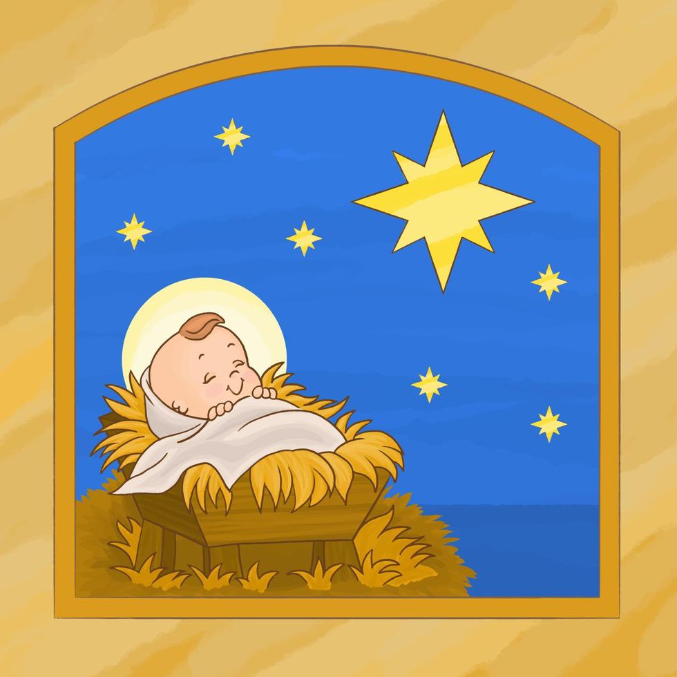 lilla baby jesus på krubban, julnattsscenen. vektor