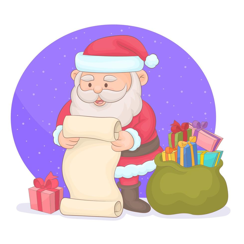süßer Weihnachtsmann, der viele Geschenke in seiner Tasche trägt und die Geschenkliste liest vektor
