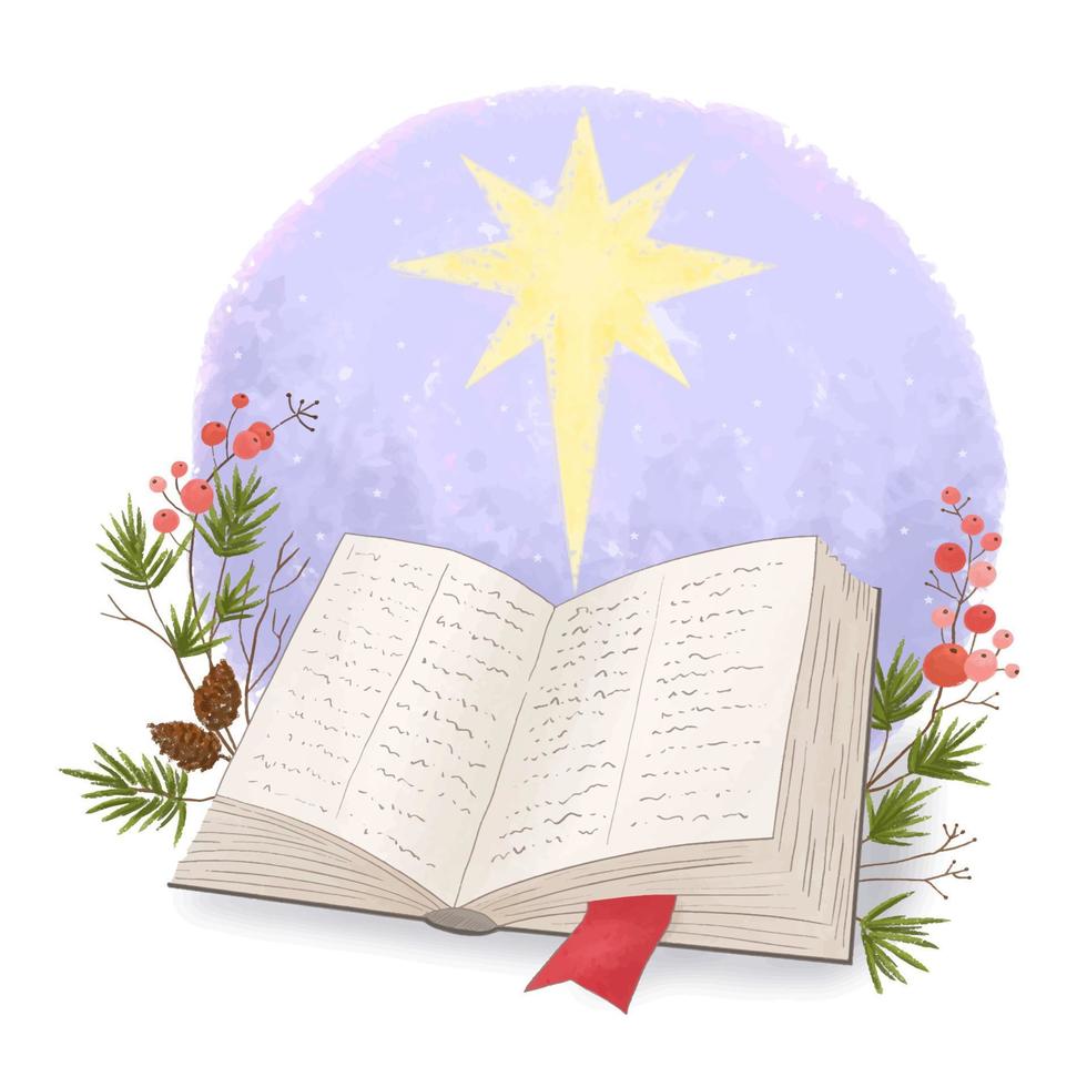 öppen bibelbok med julstjärna vektor
