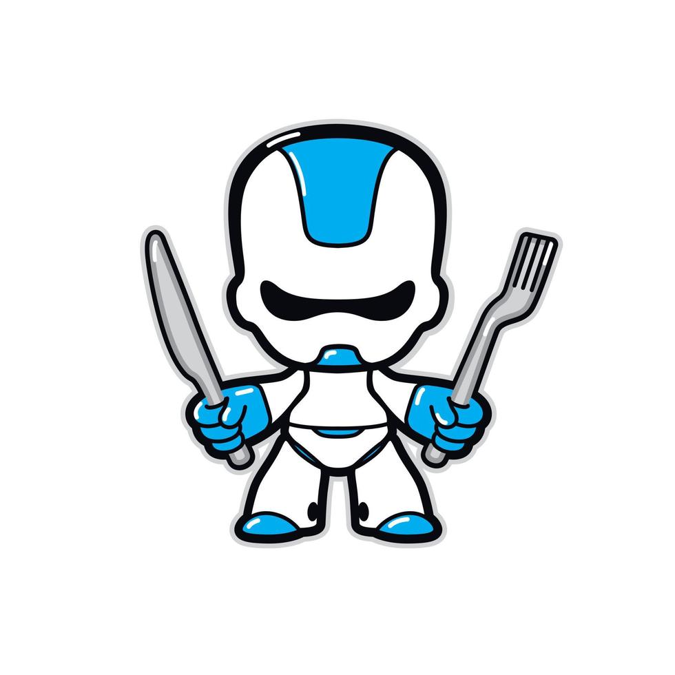 Abbildung eines Roboters. Vektor. Robotercharakter der Zukunft mit Messer und Gabel. Maskottchen für ein Cyber-Café oder ein Restaurant. Held für Weltraum-Fast-Food. Emblem für das Essen der Zukunft. vektor
