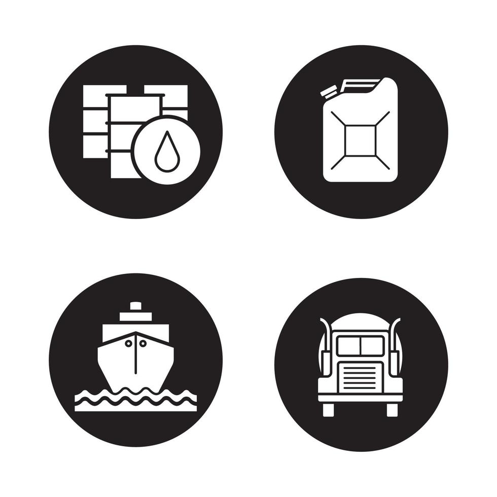 petroleumindustrin ikoner set. oljefat och bensindunk, lastfartyg och transporttankbil. vektor vita silhuetter illustrationer i svarta cirklar