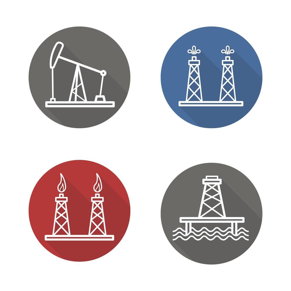 oljeindustrin platt linjär lång skugga ikoner set. plattformar för gas- och bränsleproduktion, fossilbränslebrunn, petroleumborrning till havs. vektor linje symboler