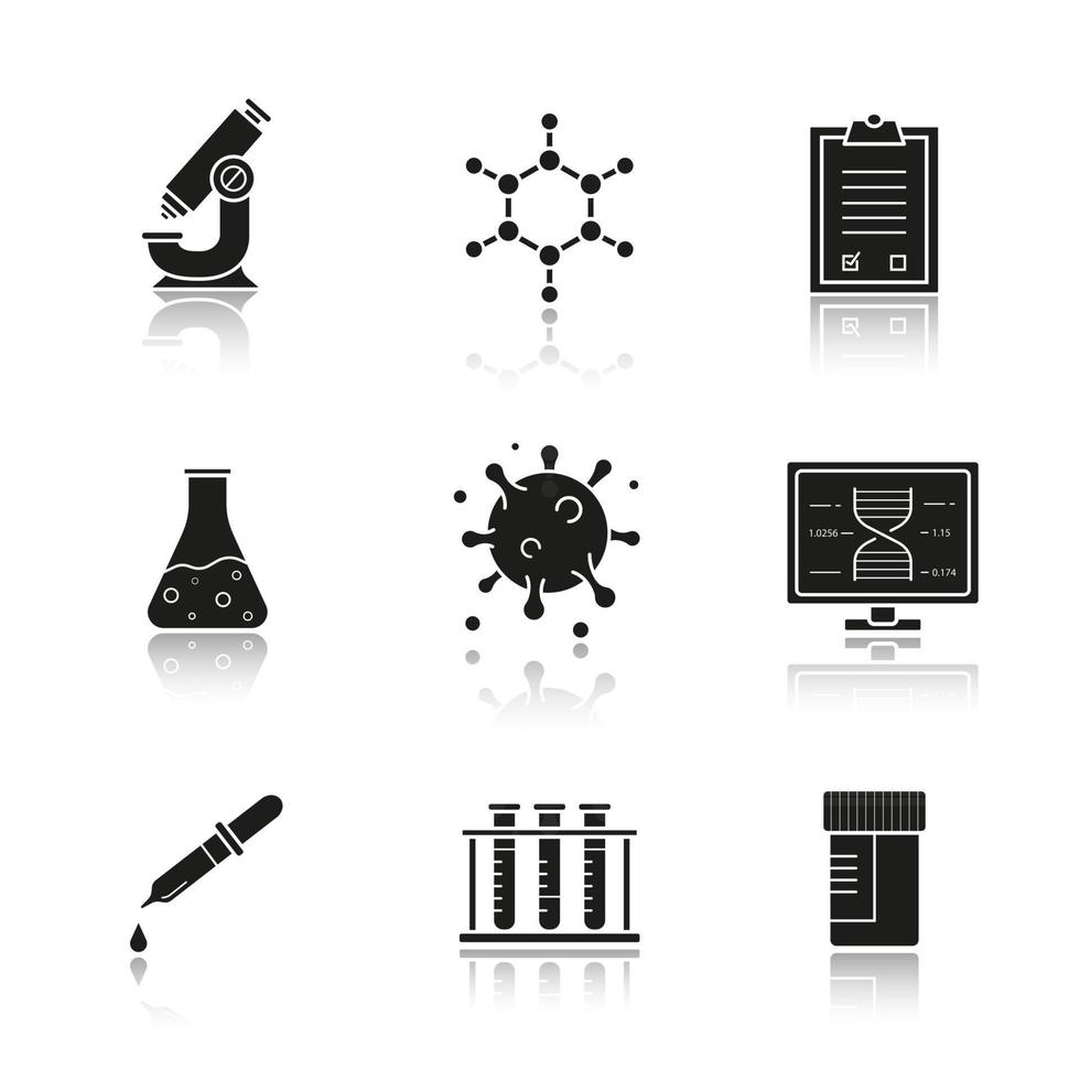 vetenskapslaboratorium skugga svarta ikoner set. mikroskop, molekylstruktur, testchecklista, bägare med vätska, virus, labbdator, pipett, provrör och burk. isolerade vektorillustrationer vektor