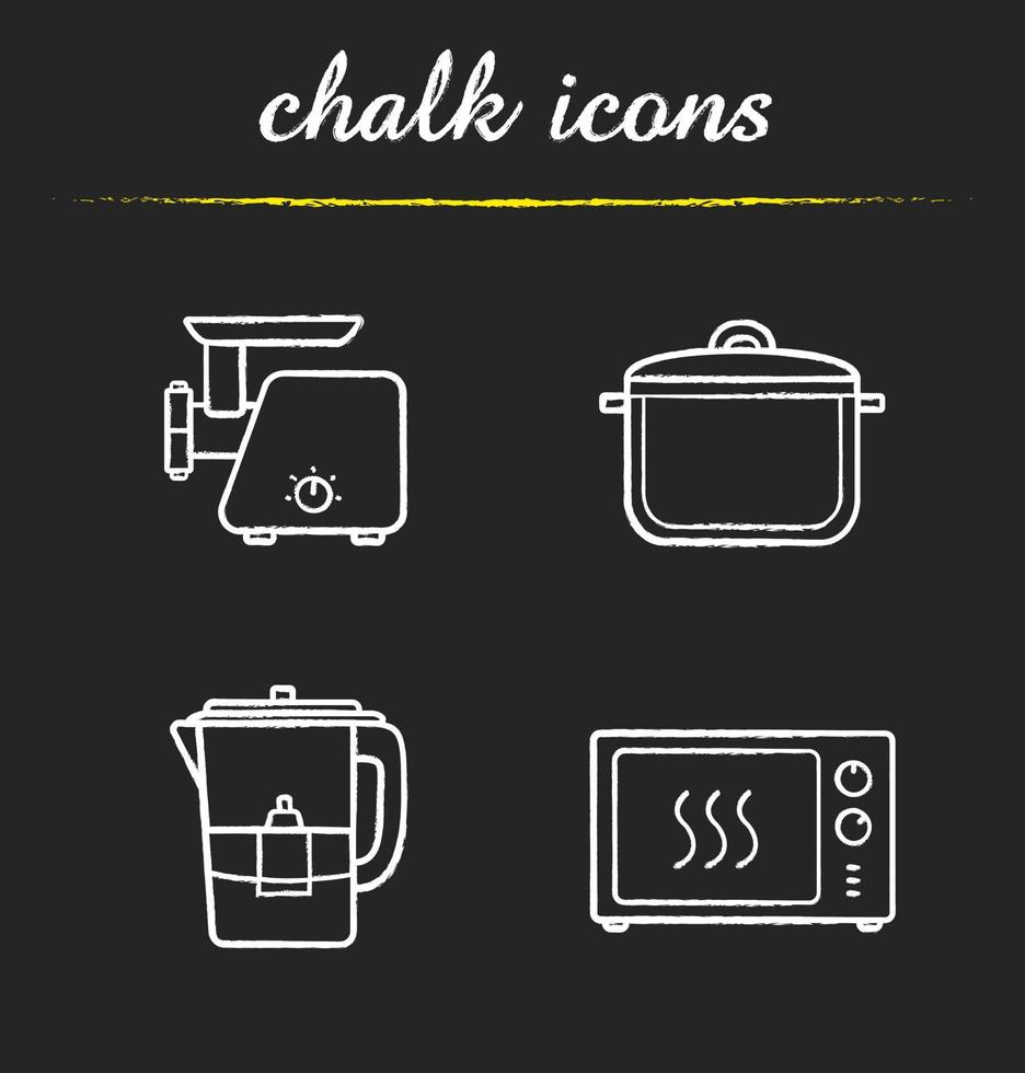 Küchengeschirr Kreide Icons Set. elektrischer Fleischwolf, Kochtopf, Wasserfilter, Mikrowelle. isolierte tafel Vektorgrafiken vektor