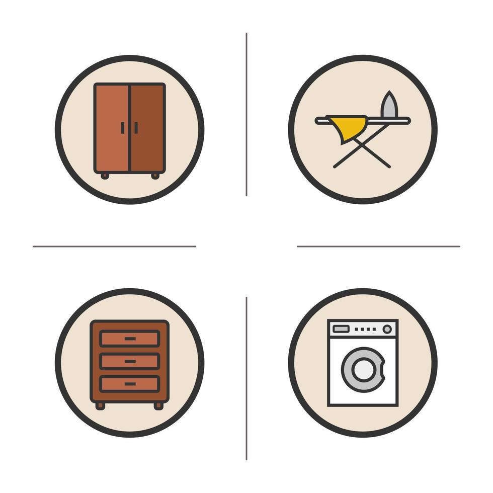 möbler färg ikoner set. tvättmaskin, byrå, garderob och strykbräda. isolerade vektorillustrationer vektor