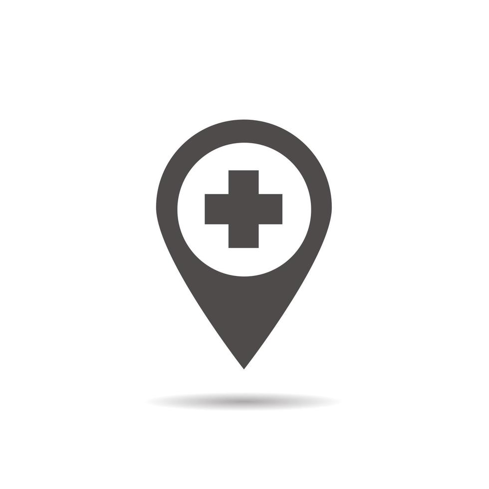 sjukhus plats ikon. skugga siluett symbol. medicinsk kors inuti pinpoint. negativt utrymme. vektor isolerade illustration