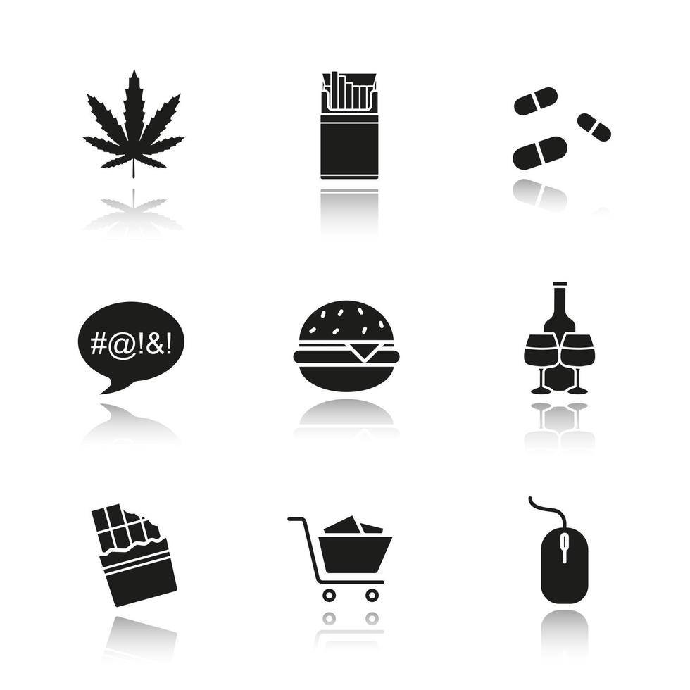 missbruk skugga svarta ikoner set. rökning, droger, mat, svordomar, shopping, datorer, alkoholism. marijuana, cigaretter, piller, hamburgare, choklad, datormus. isolerade vektorillustrationer vektor