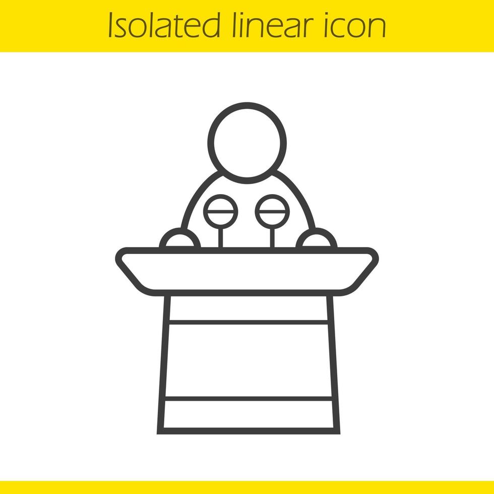politiker linjär ikon. orator tunn linje illustration. högtalare podium kontur symbol. vektor isolerade konturritning