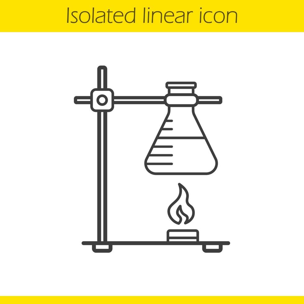 Lineares Symbol für chemische Reaktion. dünne Linie Abbildung. Ringständer mit Kolben über Feuerkontursymbol. Vektor isolierte Umrisszeichnung