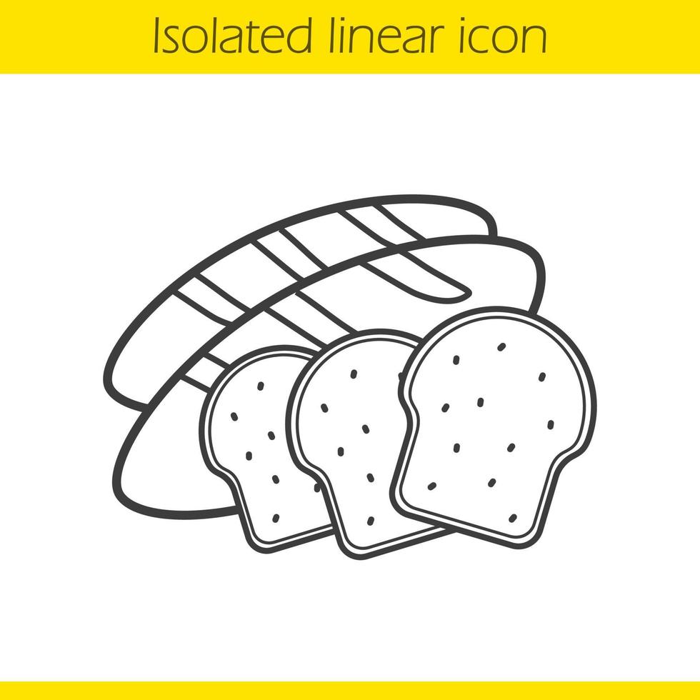 Brot lineares Symbol. Getreideprodukte dünne Linie Abbildung. Lebensmittelgeschäft Bäckerei. Toasts und langes Laibkontursymbol. Vektor isolierte Umrisszeichnung