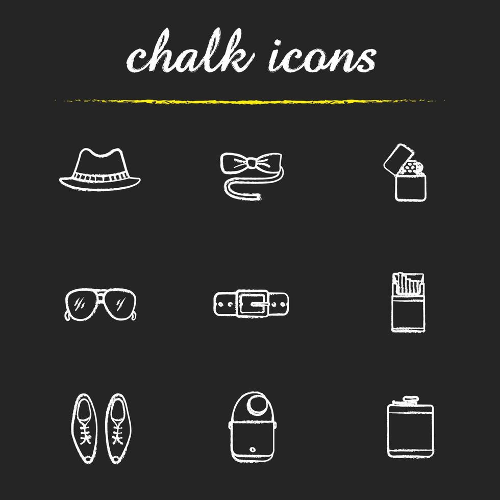 Herren Accessoires Kreide Icons Set. Homburg Hut, Schmetterlingsfliege, Feuerzeug, Sonnenbrille, Ledergürtel und Schuhe, Zigarettenschachtel, Umhängetasche, Flachmann. isolierte tafel Vektorgrafiken vektor