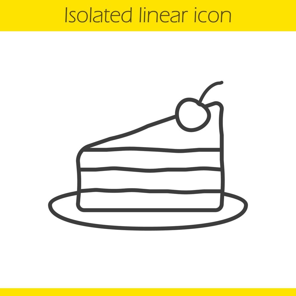 Stück Kuchen mit Kirsche auf dem linearen Symbol der Platte. dünne Linie Abbildung. Kontursymbol. Vektor isolierte Umrisszeichnung